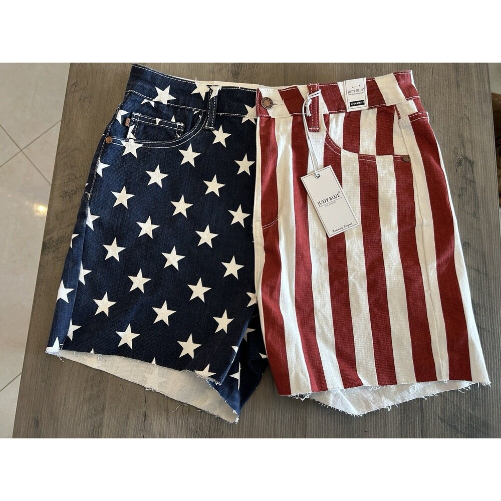 NEW! Judy Blue American Flag Denim Shorts Size XL Stars Stripes Red White Blue